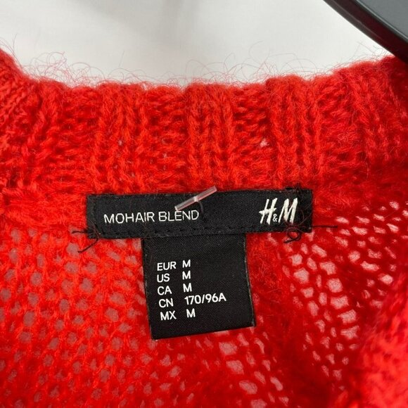 H&M Sweater Women's Sz M Red Knit Crew Neck Mohair Blend Raglan Sleeve Back Zip - Picture 4 of 8